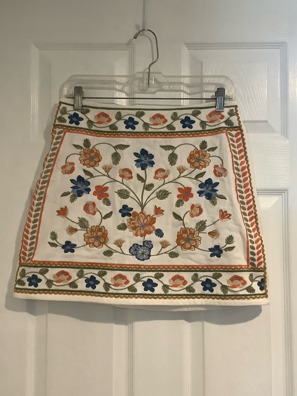 MI AMI 100% Cotton Cream Embroidered Boho Cottagecore Denim Fall Mini Skirt M